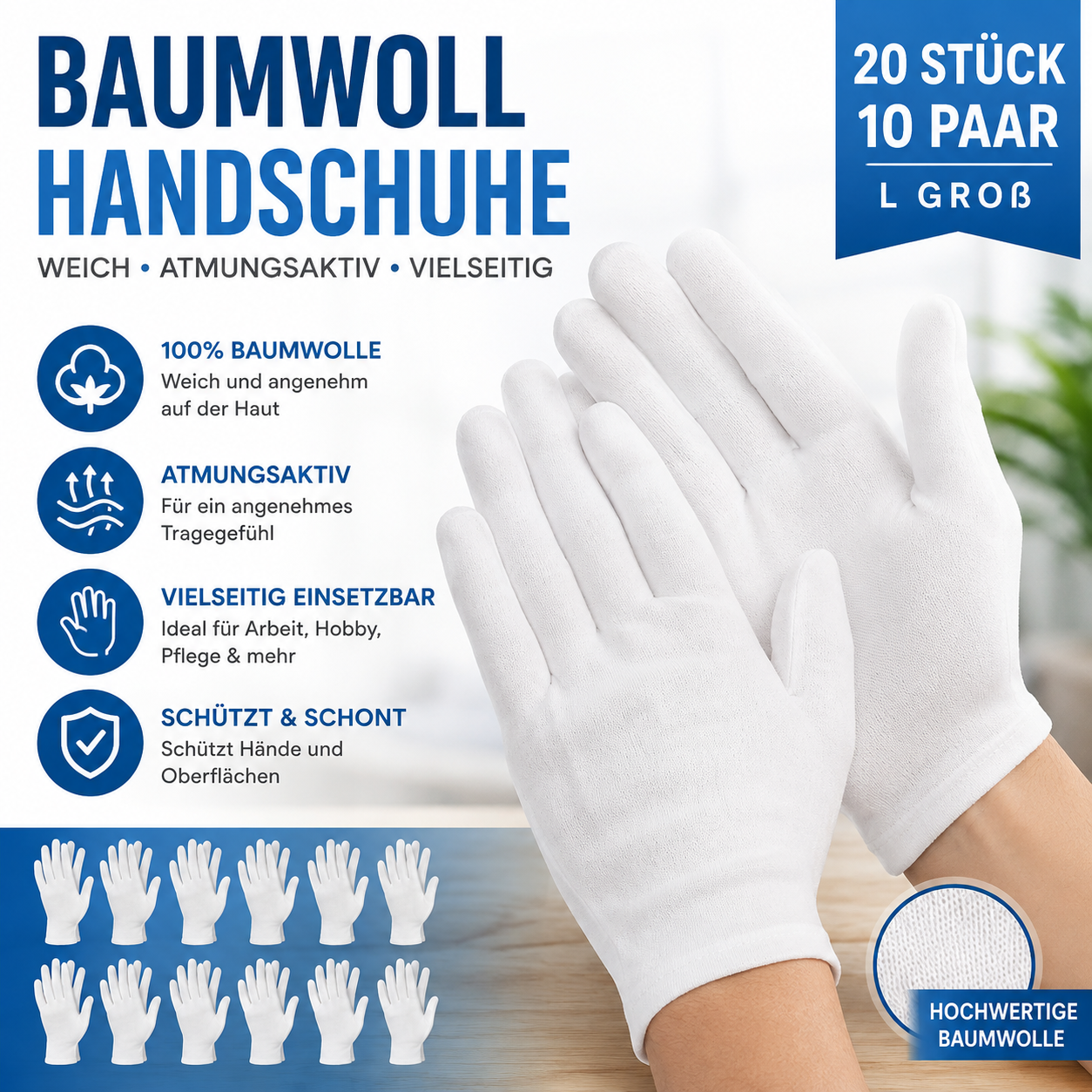 Weiße Baumwollhandschuhe, 20 Stück, 10 Paar, Größe L