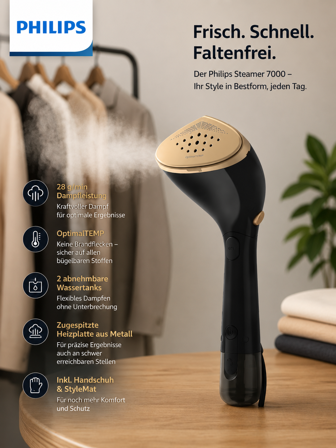 Philips 7000 Series STH7060/80 Dampfglätter Schwarz Gold