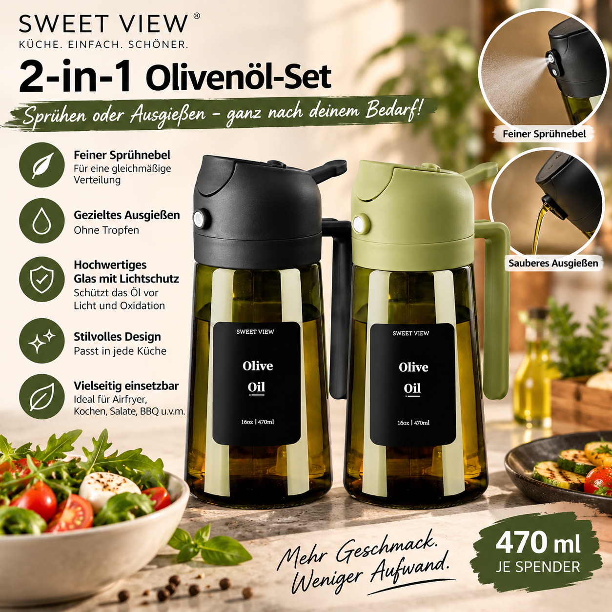 SWEET VIEW 2er-Pack Olivenöl-Spender und Zerstäuber 470 ml