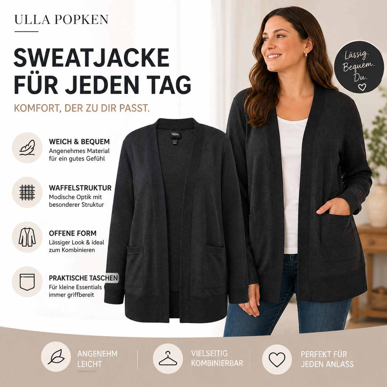 Ulla Popken Damen Sweatjacke mit Waffelstruktur in Anthrazit