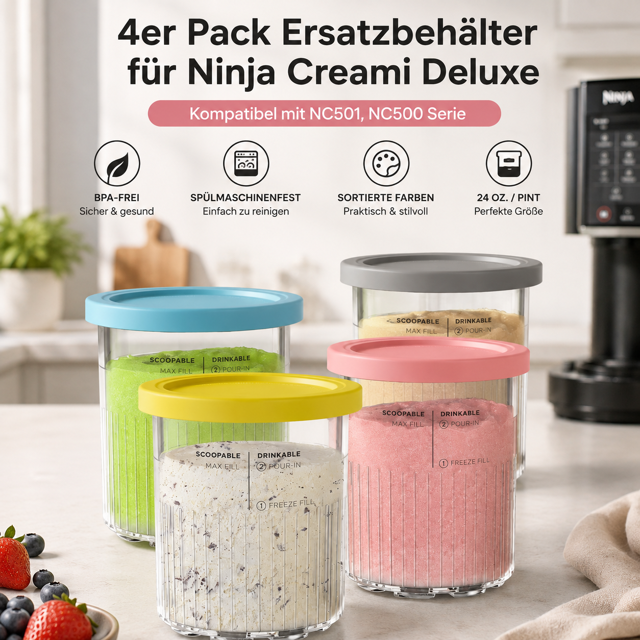 vione 4er Pack Ersatzbehälter für Ninja CREAMi Deluxe